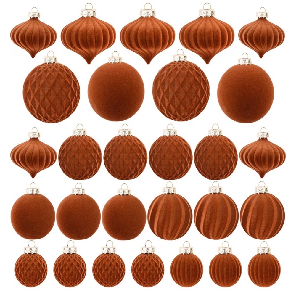 Flocked Ornaments for Christmas Tree Decorations - 28pcs Brown Tan Velvet Ball